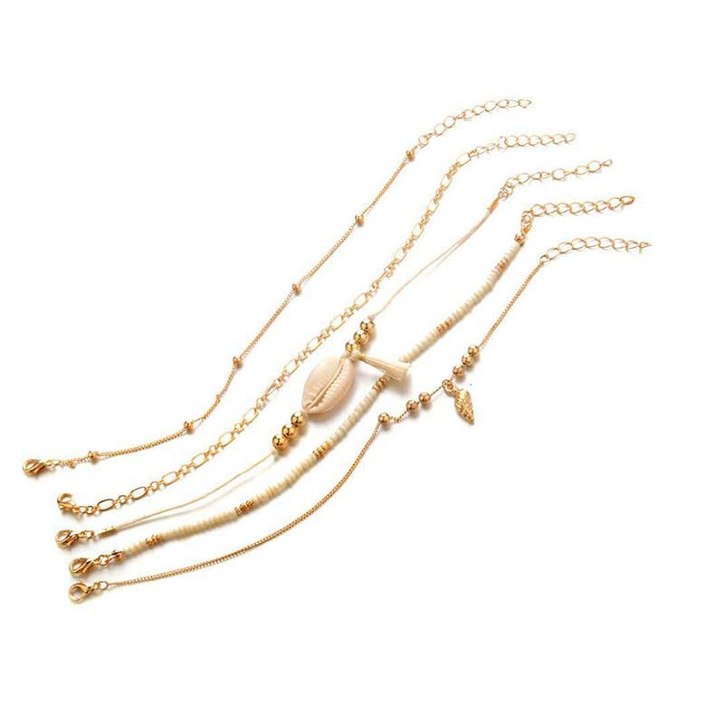 5 Piezas Bohemia Multicapa De Oro Conjunto De Pulseras Shell Conch Bead Chain Charm Bracelet Para Mujer