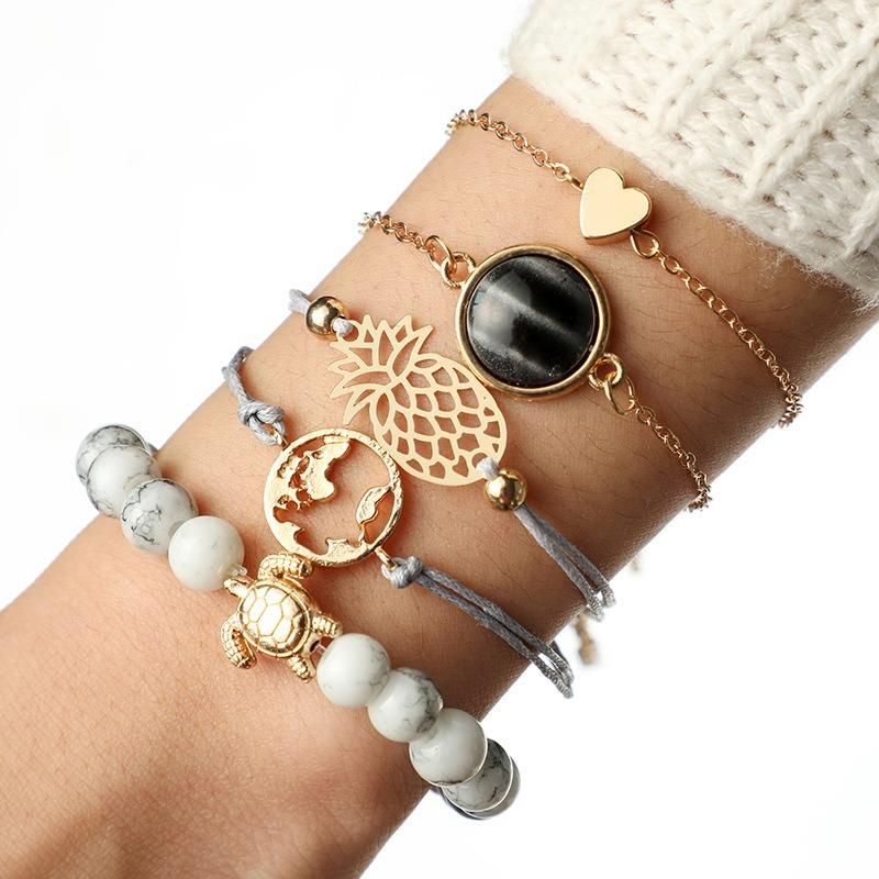 5 Piezas De Pulsera Simple Con Cuentas Bohemias Pulsera De Corazón Con Mapa De Tortuga Y Piña Para Mujer