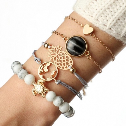 5 Piezas De Pulsera Simple Con Cuentas Bohemias Pulsera De Corazón Con Mapa De Tortuga Y Piña Para Mujer