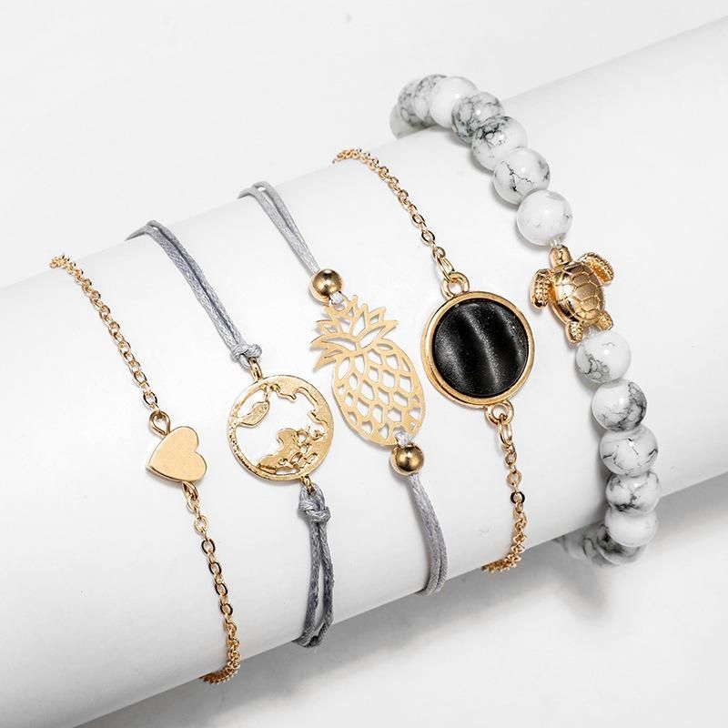 5 Piezas De Pulsera Simple Con Cuentas Bohemias Pulsera De Corazón Con Mapa De Tortuga Y Piña Para Mujer