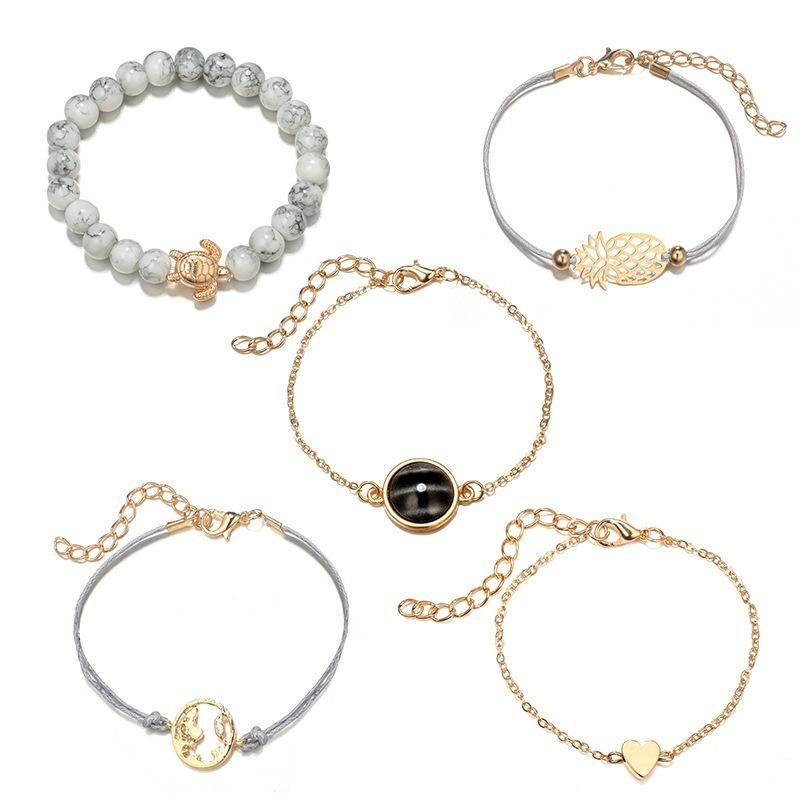 5 Piezas De Pulsera Simple Con Cuentas Bohemias Pulsera De Corazón Con Mapa De Tortuga Y Piña Para Mujer