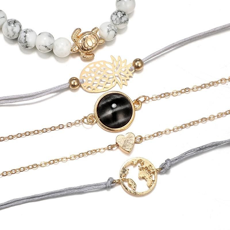 5 Piezas De Pulsera Simple Con Cuentas Bohemias Pulsera De Corazón Con Mapa De Tortuga Y Piña Para Mujer