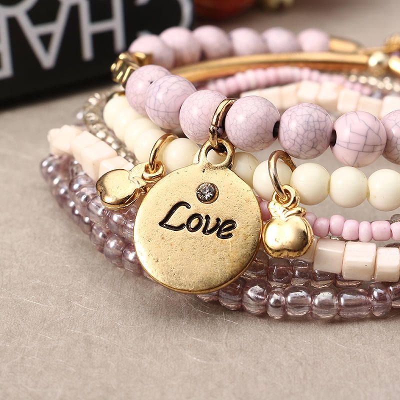 Bohemian Love Print Coin Colgante Beads Pulsera Ajustable Multicapa Para Mujer Accesorios De Ropa