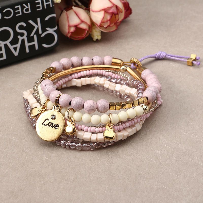 Bohemian Love Print Coin Colgante Beads Pulsera Ajustable Multicapa Para Mujer Accesorios De Ropa