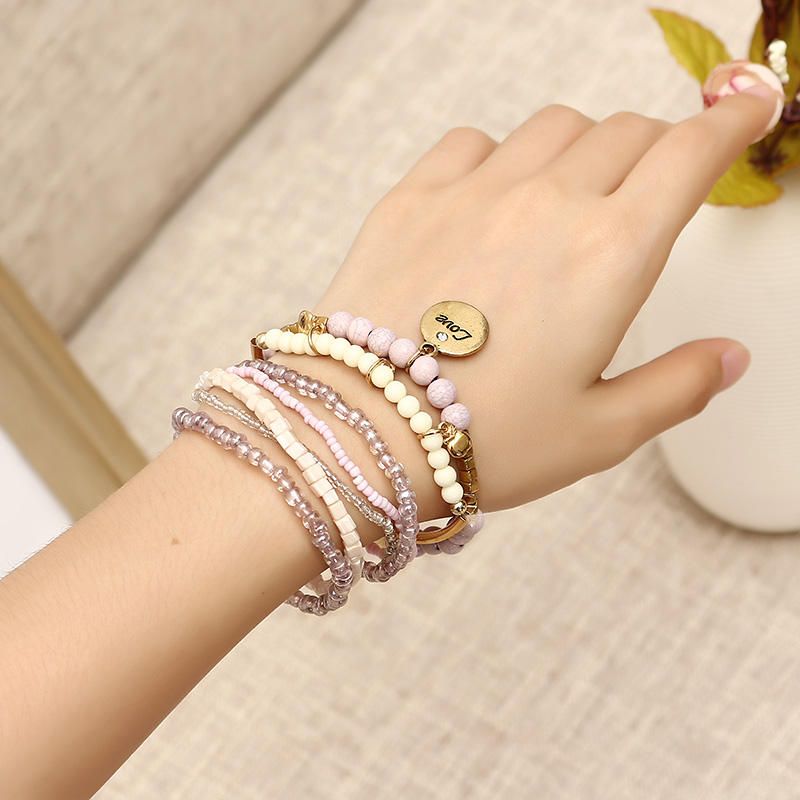 Bohemian Love Print Coin Colgante Beads Pulsera Ajustable Multicapa Para Mujer Accesorios De Ropa