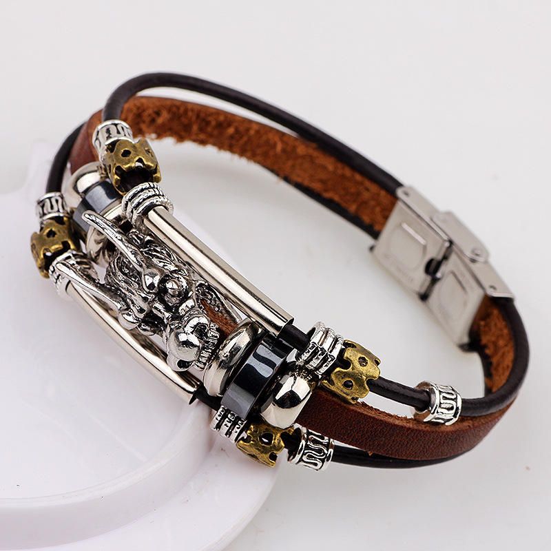 Brazalete De Cadena De Aleación De Zinc Con Encanto De Dragón De Moda De Cuero Vintage Para Hombres