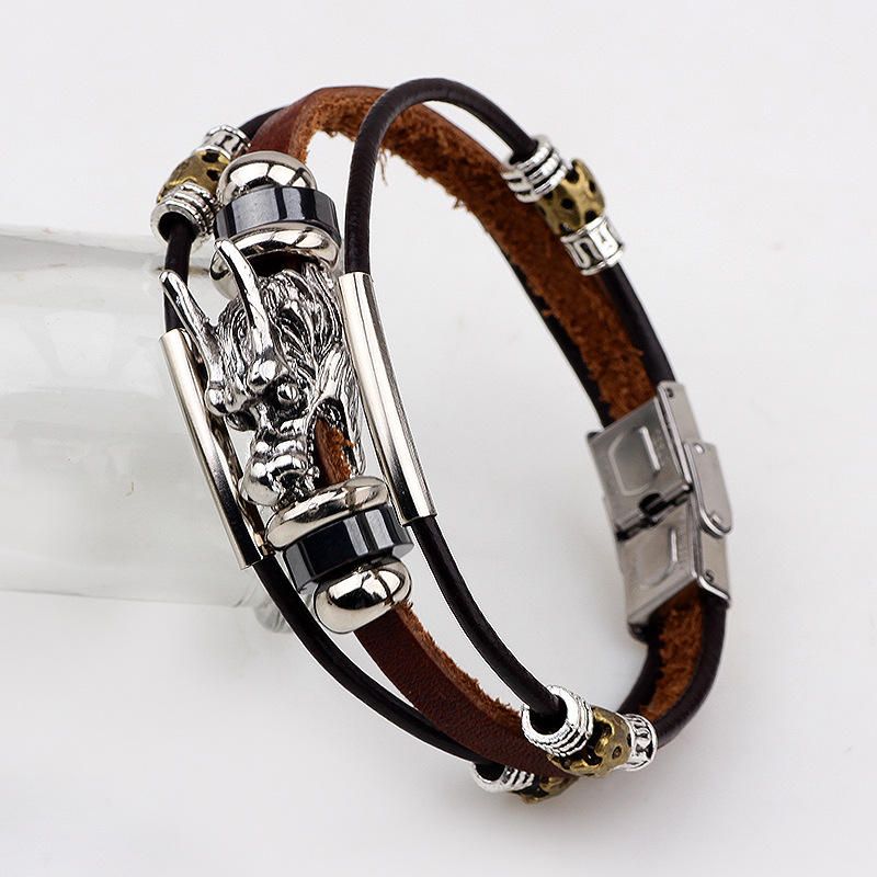 Brazalete De Cadena De Aleación De Zinc Con Encanto De Dragón De Moda De Cuero Vintage Para Hombres