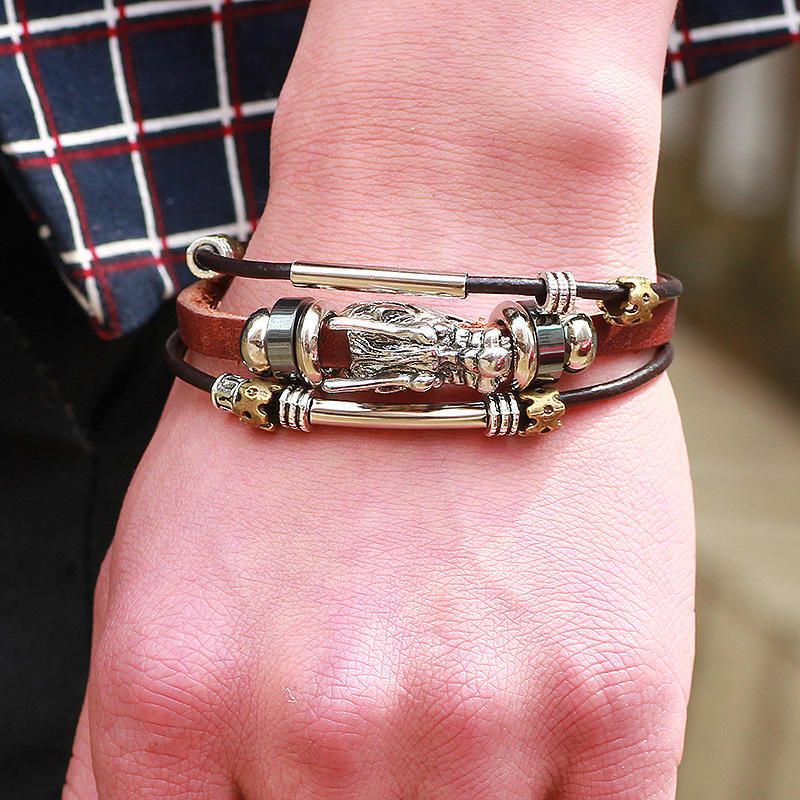 Brazalete De Cadena De Aleación De Zinc Con Encanto De Dragón De Moda De Cuero Vintage Para Hombres