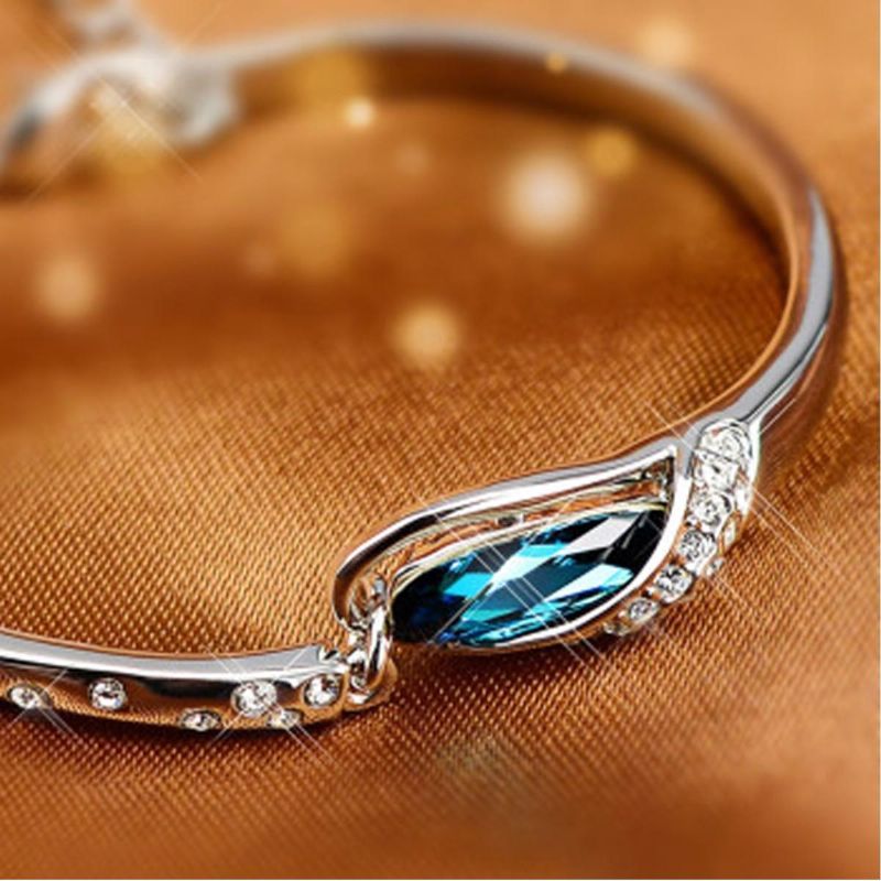 Brazalete De Plata Para Mujer Pulsera De Cristal Con Diamantes De Imitación Azul Cadena De Mano Regalo De Joyería