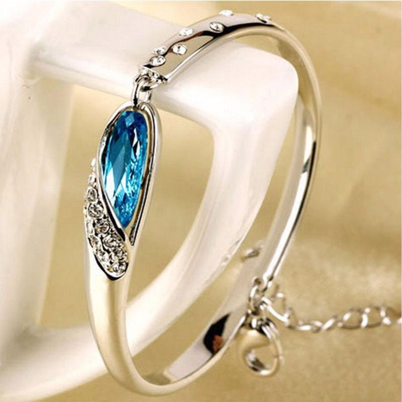 Brazalete De Plata Para Mujer Pulsera De Cristal Con Diamantes De Imitación Azul Cadena De Mano Regalo De Joyería