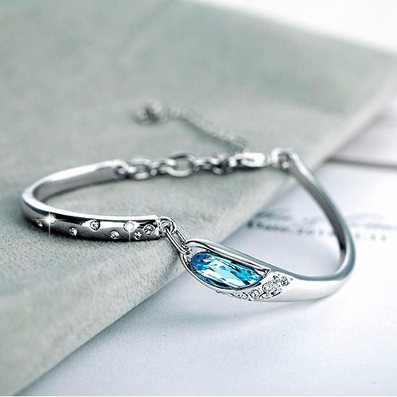 Brazalete De Plata Para Mujer Pulsera De Cristal Con Diamantes De Imitación Azul Cadena De Mano Regalo De Joyería