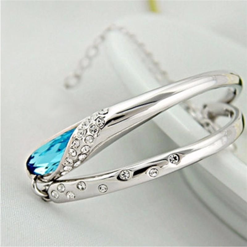 Brazalete De Plata Para Mujer Pulsera De Cristal Con Diamantes De Imitación Azul Cadena De Mano Regalo De Joyería