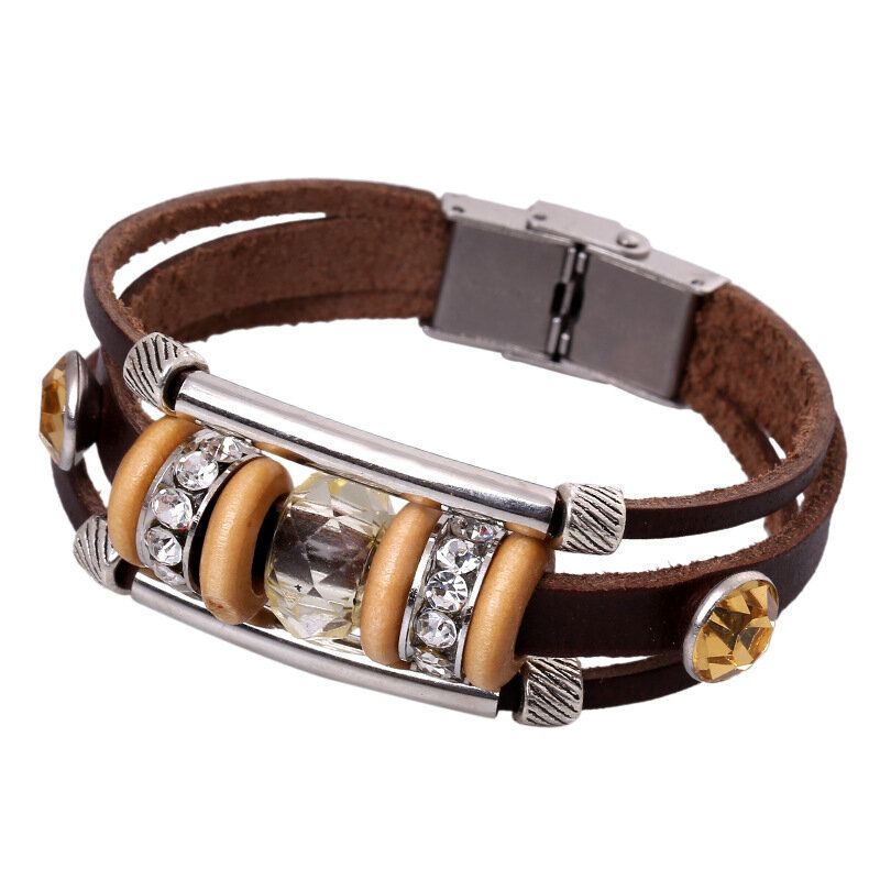 Brazalete De Pulsera De Cuero Genuino Retro Brazalete De Cuentas De Diamantes De Imitación Punk Para Mujer