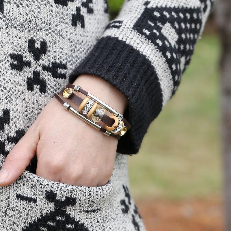 Brazalete De Pulsera De Cuero Genuino Retro Brazalete De Cuentas De Diamantes De Imitación Punk Para Mujer