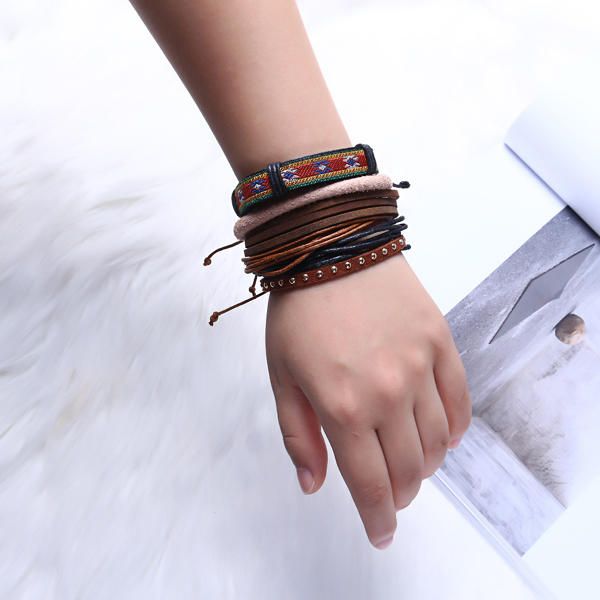 Casual Unisex Multi Bracelet Pulseras De Cuero Tejidas Ajustables Para Hombres Regalo Para Él Ella