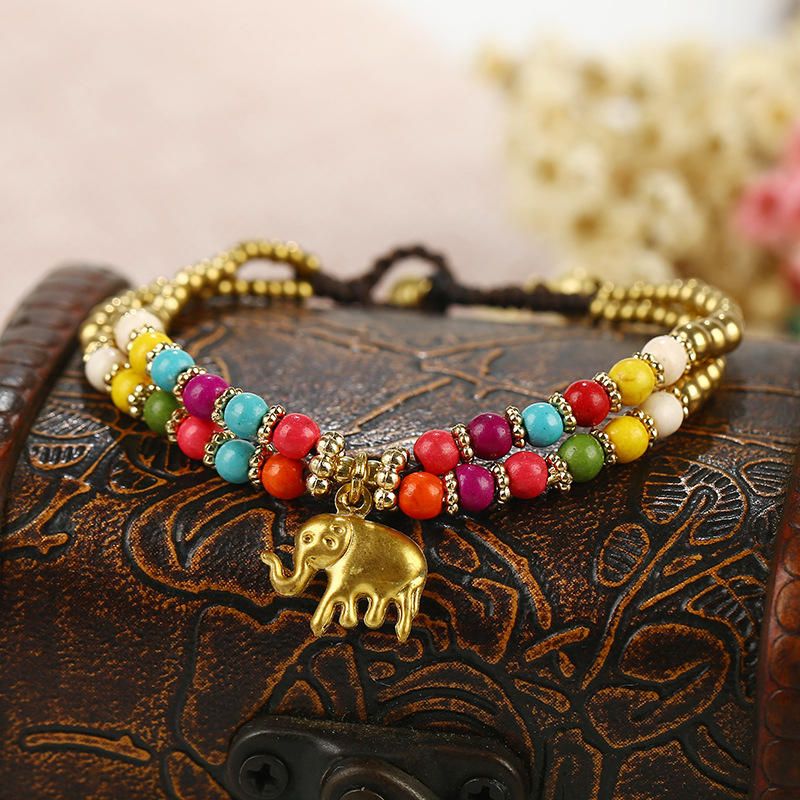 Colgante De Elefante Vintage Brazalete De Cuentas De Colores Pulsera Ajustable Tejida A Mano Para Mujer