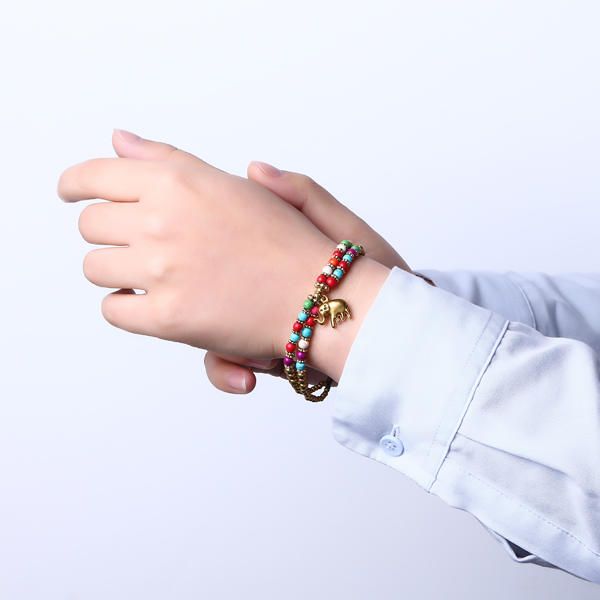 Colgante De Elefante Vintage Brazalete De Cuentas De Colores Pulsera Ajustable Tejida A Mano Para Mujer