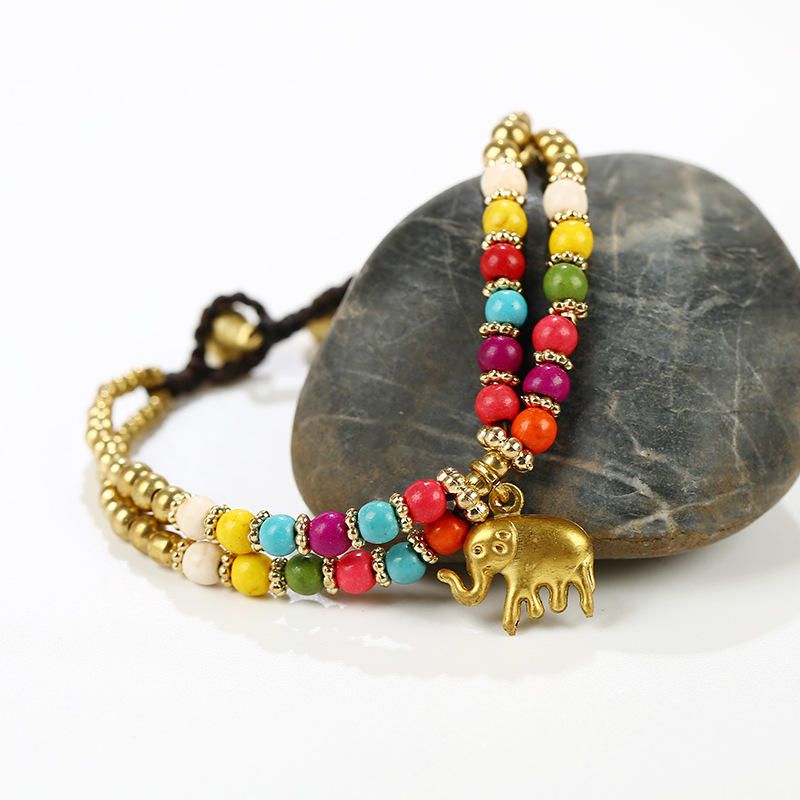 Colgante De Elefante Vintage Brazalete De Cuentas De Colores Pulsera Ajustable Tejida A Mano Para Mujer