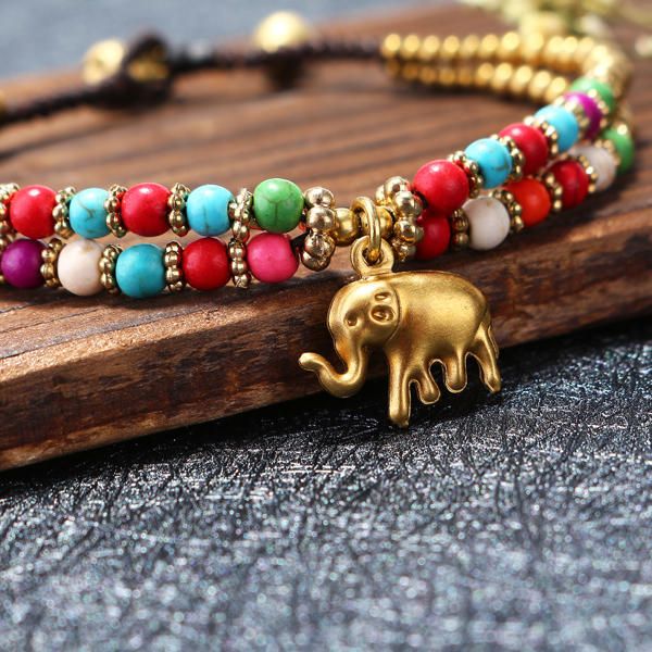 Colgante De Elefante Vintage Brazalete De Cuentas De Colores Pulsera Ajustable Tejida A Mano Para Mujer