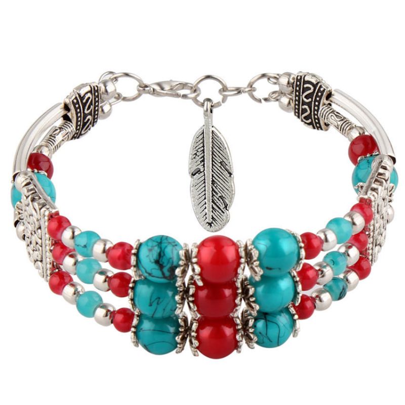 Colgante De Hoja De Plata Tibetana Bohemia Cuentas Multicolores Étnicas Brazalete De Pulsera Para Mujer