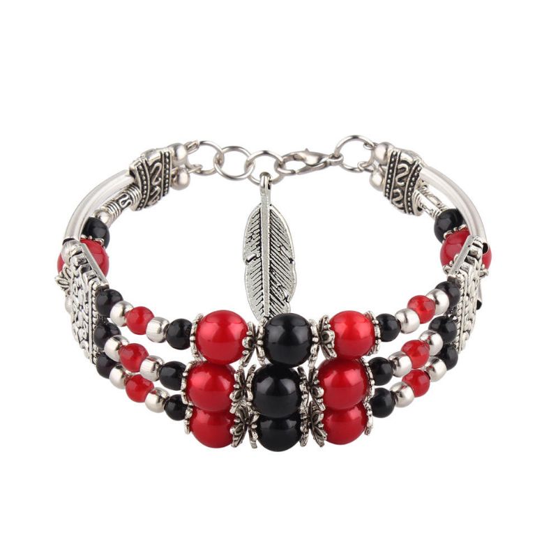 Colgante De Hoja De Plata Tibetana Bohemia Cuentas Multicolores Étnicas Brazalete De Pulsera Para Mujer