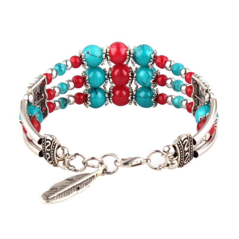 Colgante De Hoja De Plata Tibetana Bohemia Cuentas Multicolores Étnicas Brazalete De Pulsera Para Mujer