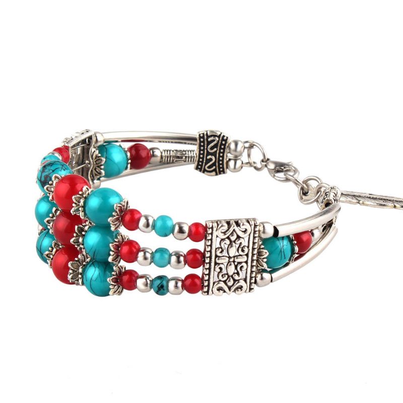 Colgante De Hoja De Plata Tibetana Bohemia Cuentas Multicolores Étnicas Brazalete De Pulsera Para Mujer