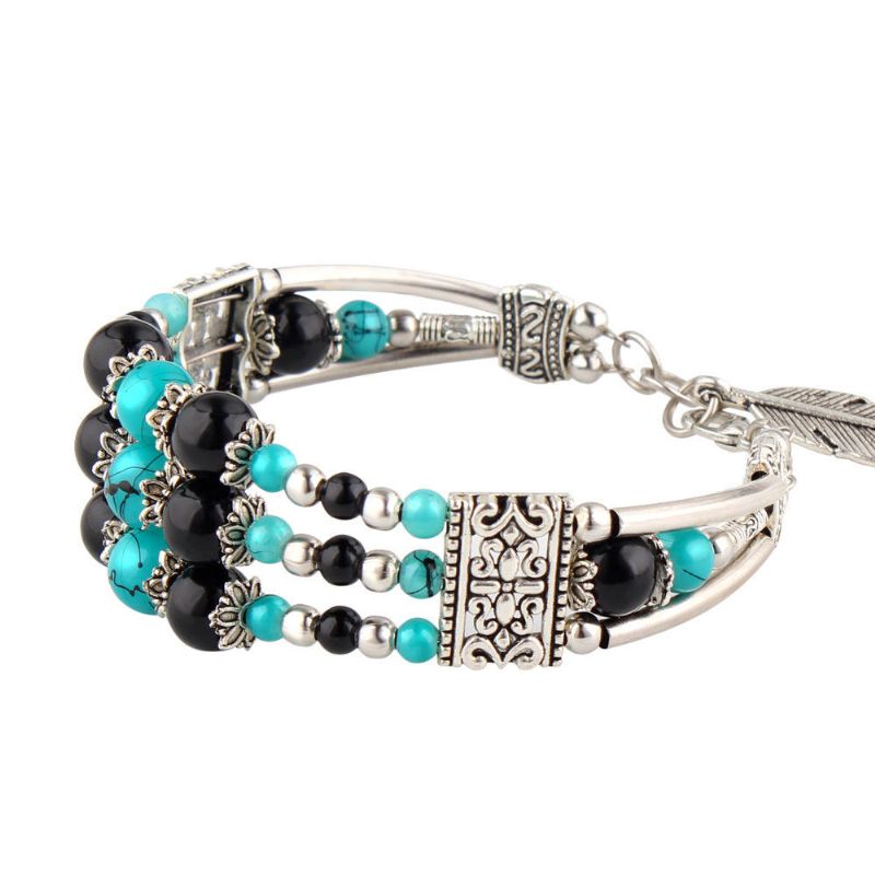 Colgante De Hoja De Plata Tibetana Bohemia Cuentas Multicolores Étnicas Brazalete De Pulsera Para Mujer