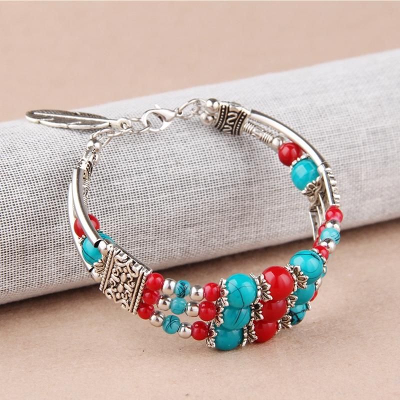 Colgante De Hoja De Plata Tibetana Bohemia Cuentas Multicolores Étnicas Brazalete De Pulsera Para Mujer