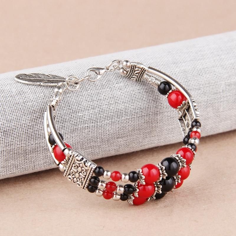 Colgante De Hoja De Plata Tibetana Bohemia Cuentas Multicolores Étnicas Brazalete De Pulsera Para Mujer