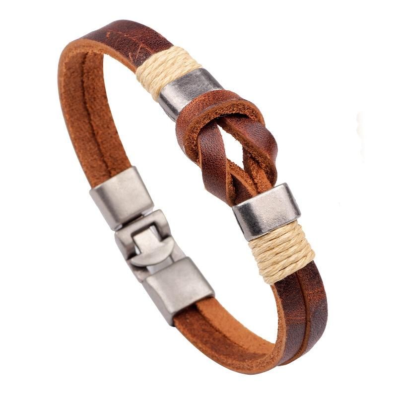 Estilo Europeo Retro Vintage Cuero Hombres Pulsera Hebilla Cadena De Doble Capa