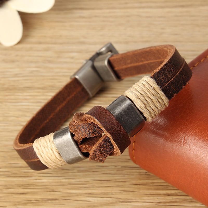 Estilo Europeo Retro Vintage Cuero Hombres Pulsera Hebilla Cadena De Doble Capa