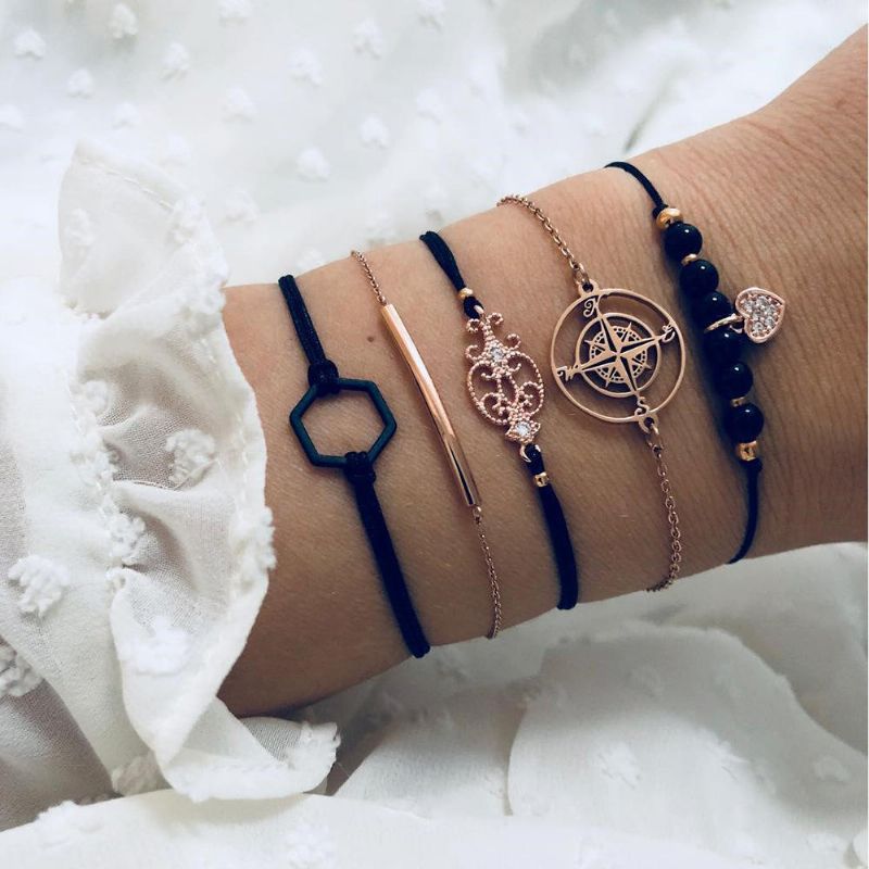 Juego De Pulseras Vintage De 5 Piezas Brújula Pulsera Colgante De Diamantes De Imitación Pulsera De Cuentas Étnicas Para Mujer