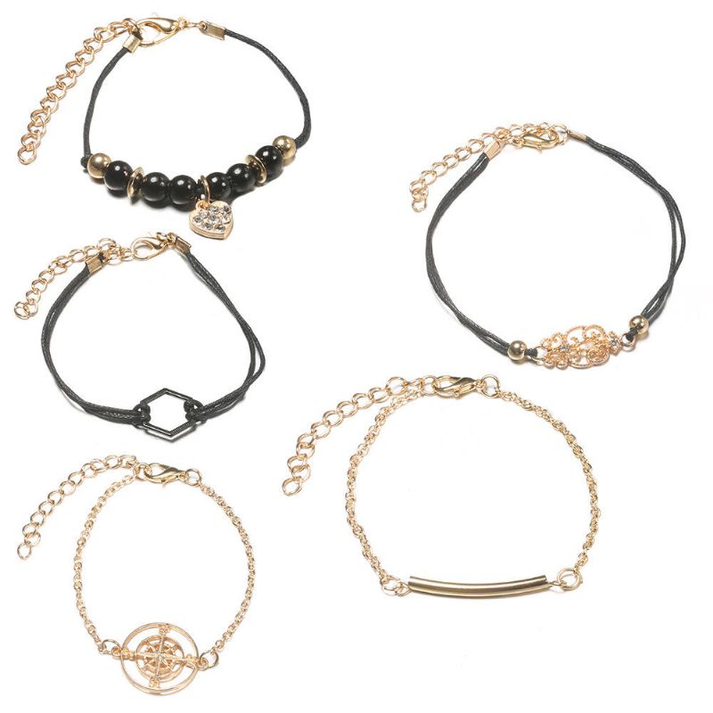 Juego De Pulseras Vintage De 5 Piezas Brújula Pulsera Colgante De Diamantes De Imitación Pulsera De Cuentas Étnicas Para Mujer