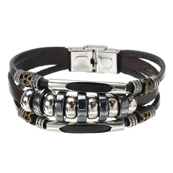 Multicapas Cuero Acero Inoxidable Hombres Pulsera Joyería Accesorios De Ropa