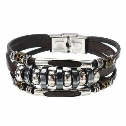 Multicapas Cuero Acero Inoxidable Hombres Pulsera Joyería Accesorios De Ropa