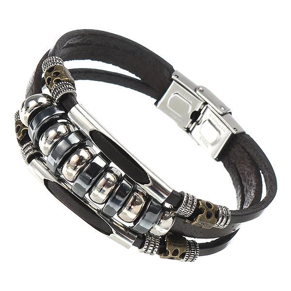 Multicapas Cuero Acero Inoxidable Hombres Pulsera Joyería Accesorios De Ropa