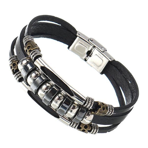 Multicapas Cuero Acero Inoxidable Hombres Pulsera Joyería Accesorios De Ropa