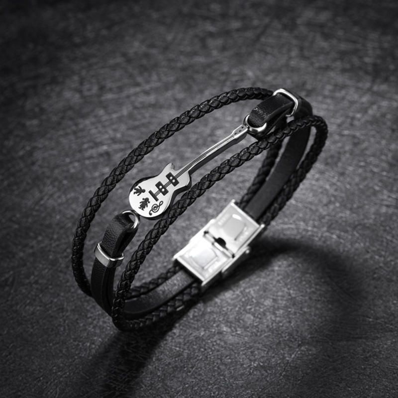 Pulsera De Acero De Titanio Trenzado Multicapa De Cuero Para Hombre Creative Mini Guitar