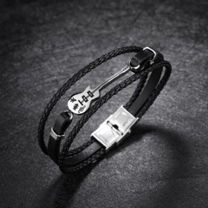 Pulsera De Acero De Titanio Trenzado Multicapa De Cuero Para Hombre Creative Mini Guitar