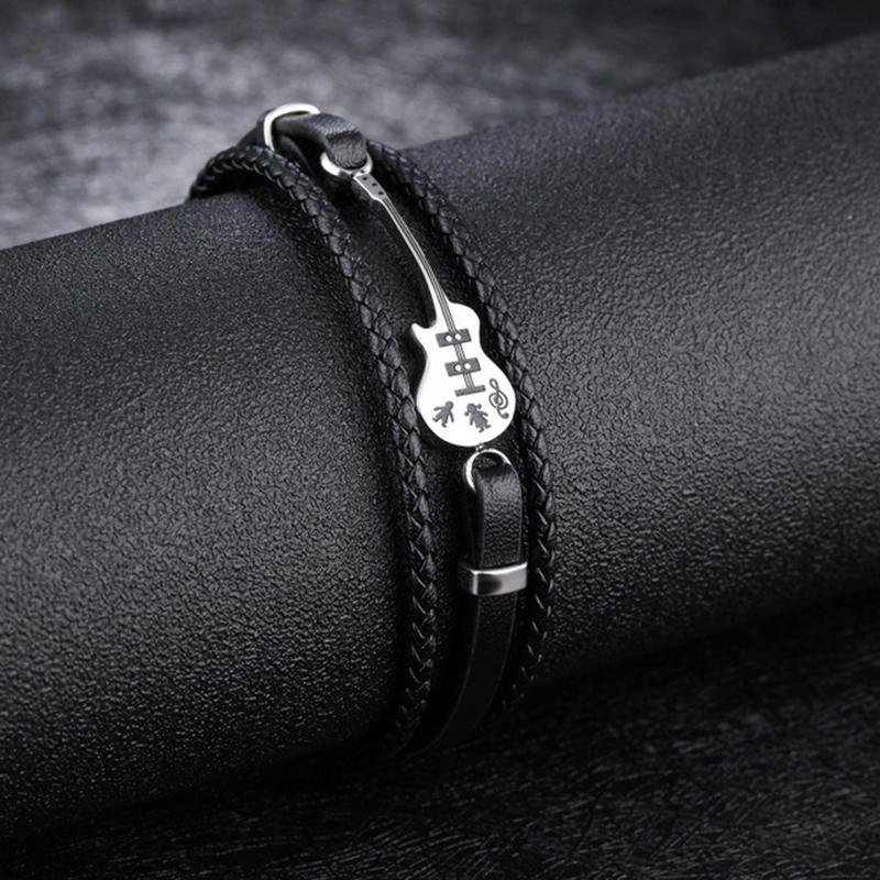 Pulsera De Acero De Titanio Trenzado Multicapa De Cuero Para Hombre Creative Mini Guitar