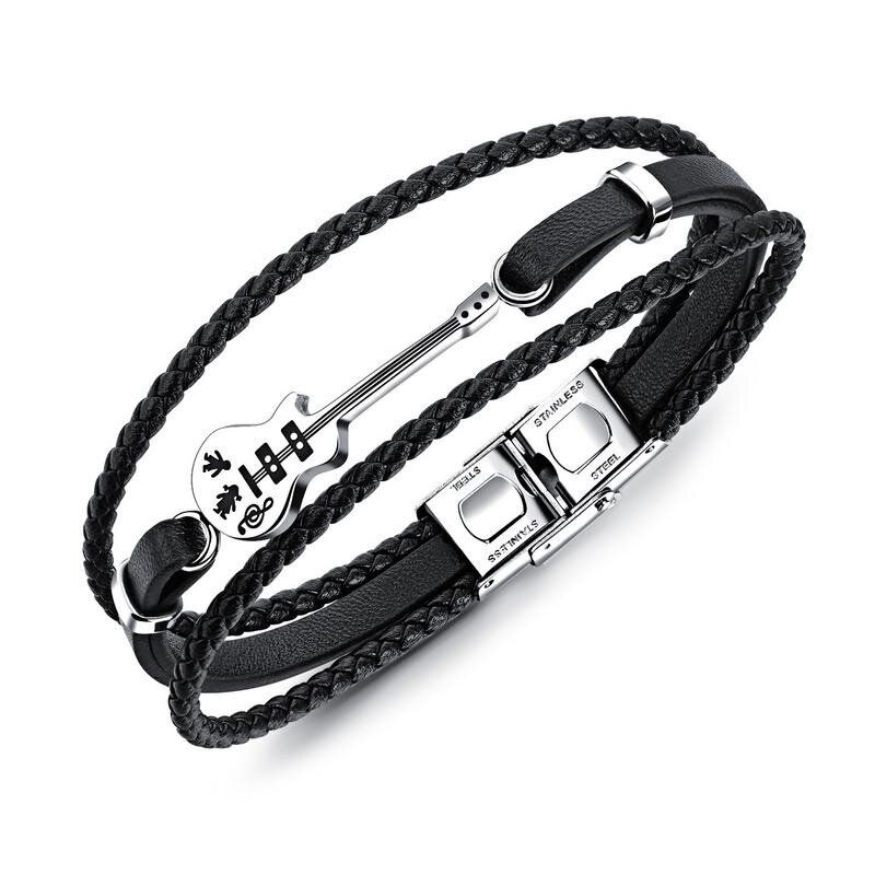 Pulsera De Acero De Titanio Trenzado Multicapa De Cuero Para Hombre Creative Mini Guitar