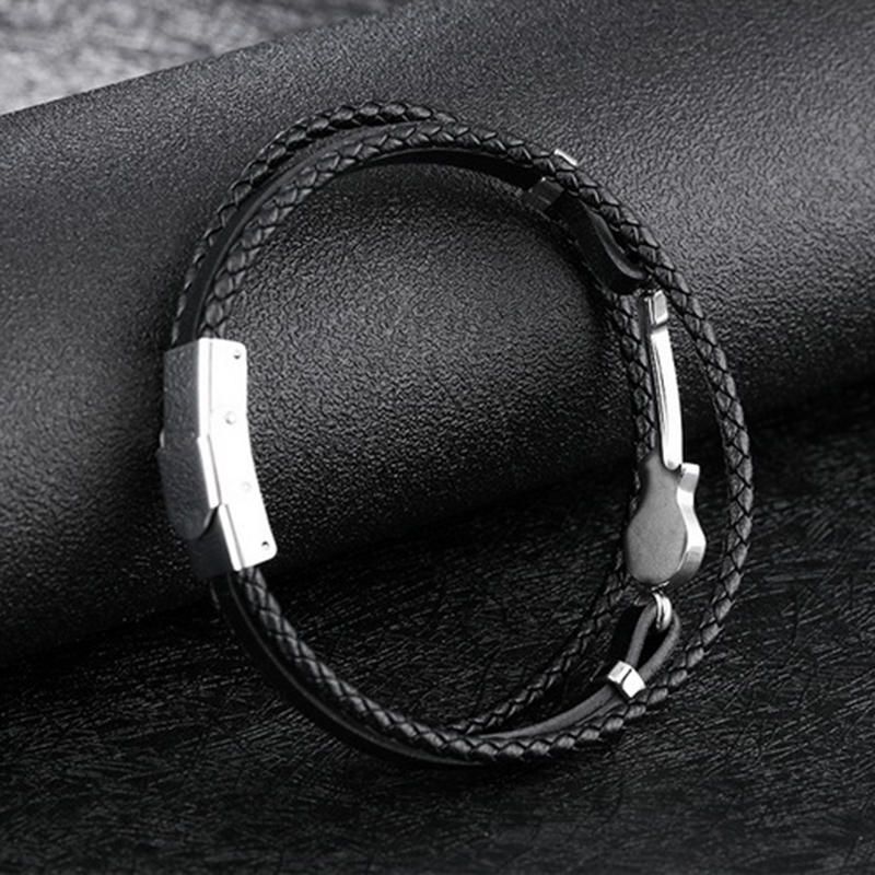 Pulsera De Acero De Titanio Trenzado Multicapa De Cuero Para Hombre Creative Mini Guitar