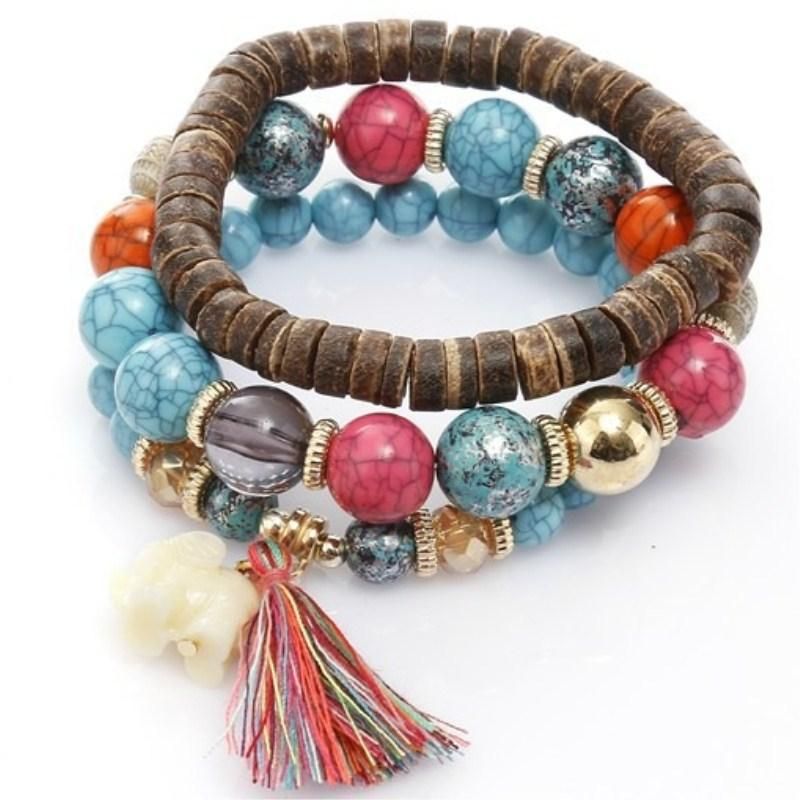 Pulsera De Borlas De Madera Multicapa Bohemia Pulsera Con Cuentas De Elefante Adorable