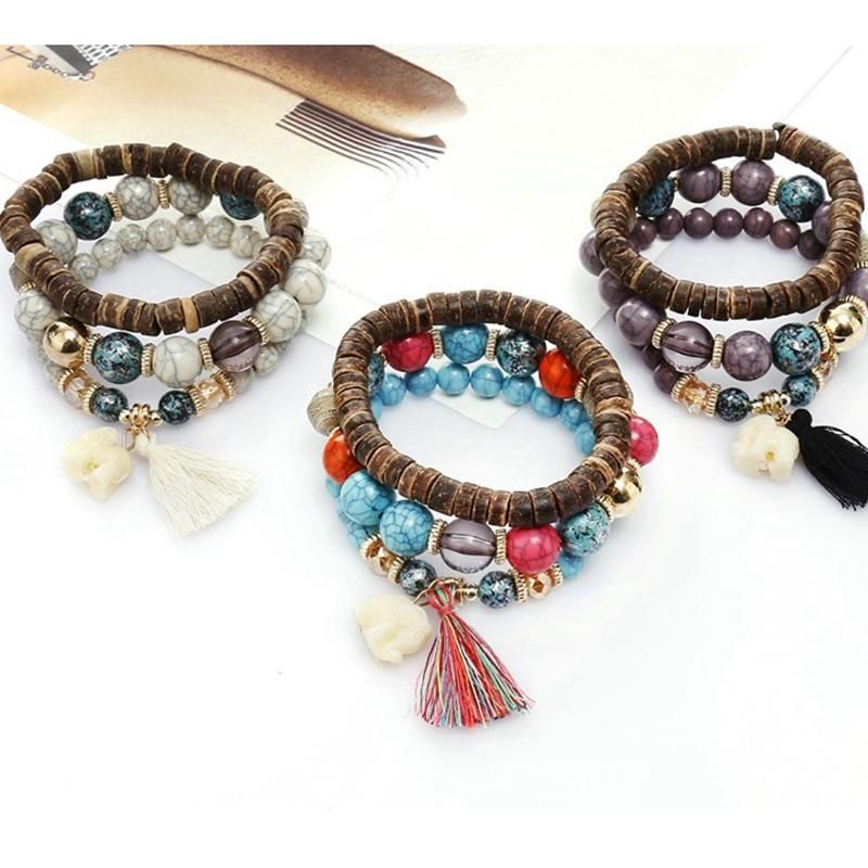 Pulsera De Borlas De Madera Multicapa Bohemia Pulsera Con Cuentas De Elefante Adorable