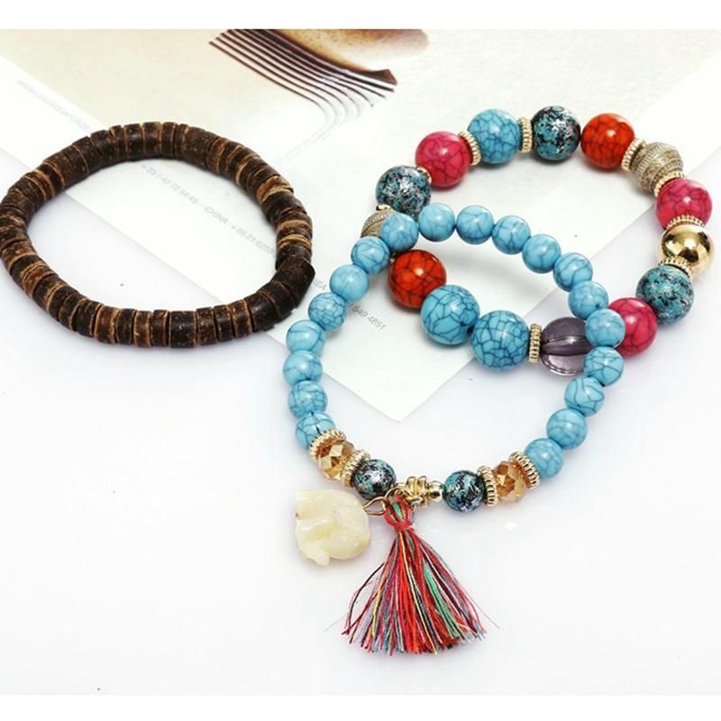 Pulsera De Borlas De Madera Multicapa Bohemia Pulsera Con Cuentas De Elefante Adorable