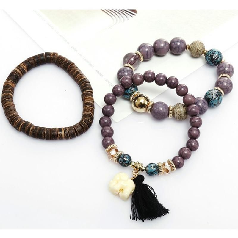 Pulsera De Borlas De Madera Multicapa Bohemia Pulsera Con Cuentas De Elefante Adorable