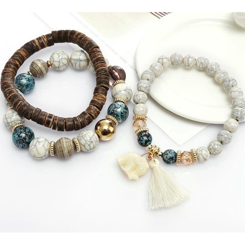 Pulsera De Borlas De Madera Multicapa Bohemia Pulsera Con Cuentas De Elefante Adorable