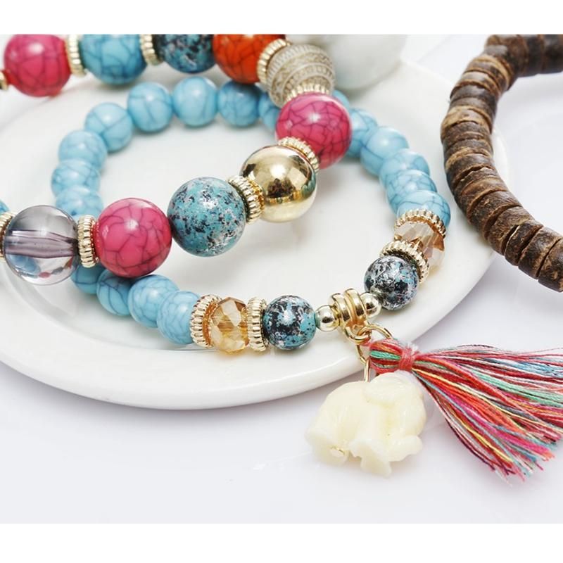 Pulsera De Borlas De Madera Multicapa Bohemia Pulsera Con Cuentas De Elefante Adorable