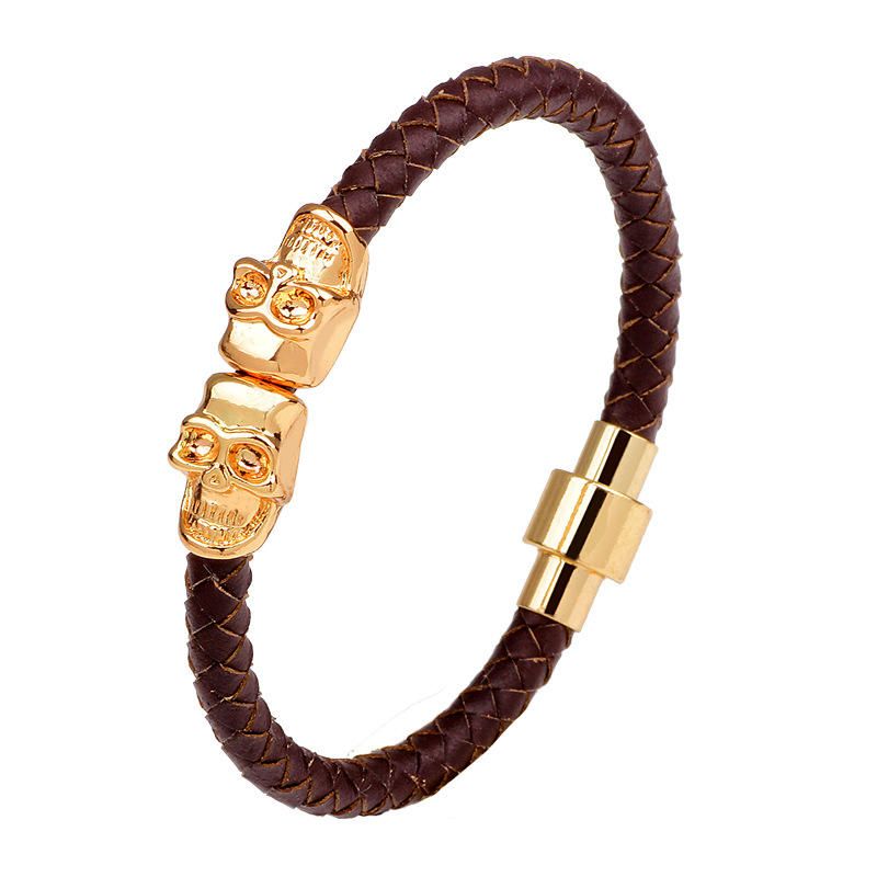 Pulsera De Brazalete De Calavera De Oro Retro Para Hombre Pulseras De Cadena De Cuero Multicolor